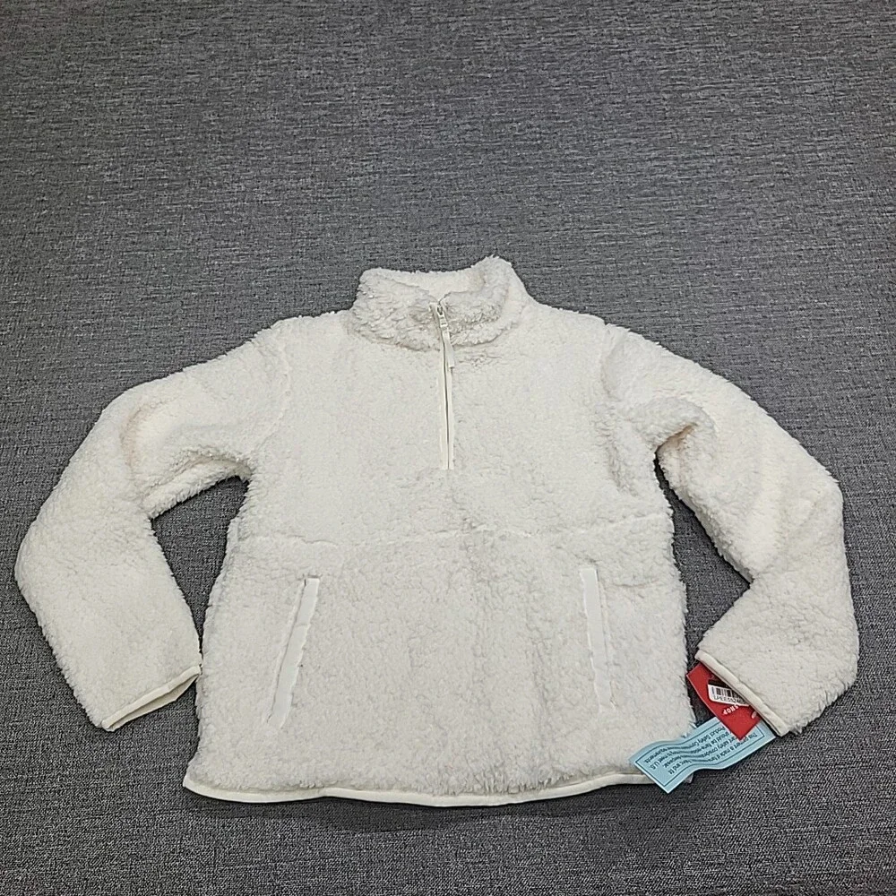 Kids' Large Sz 10/12 White Sherpa Fleece Lounge Pullover Quarter Zip Top Pockets